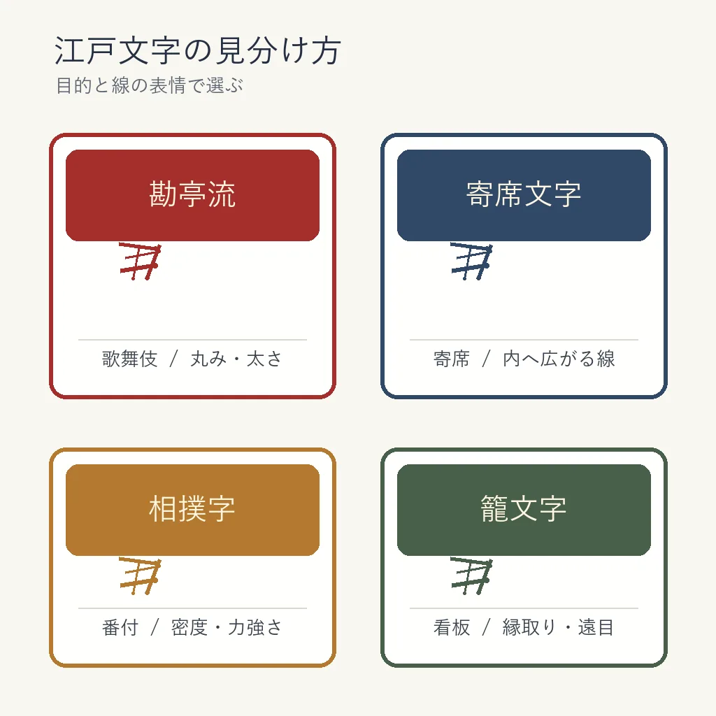 勘亭流、寄席文字、相撲字、籠文字を場面と線の表情で比較する図